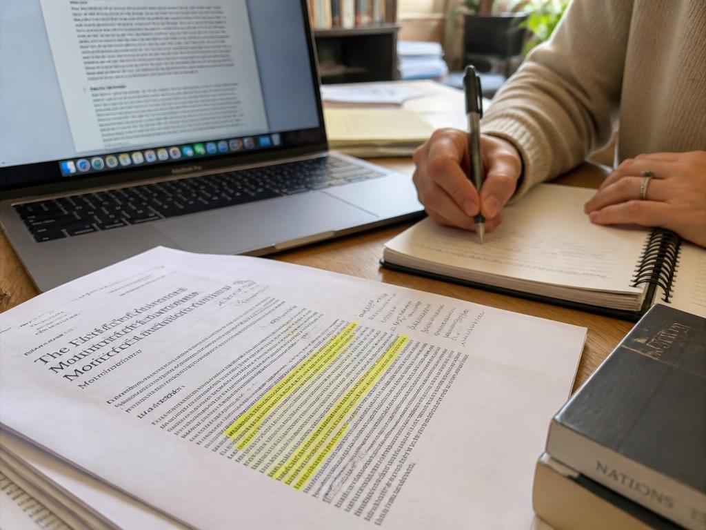 Hands taking notes beside highlighted research papers and a draft on screen