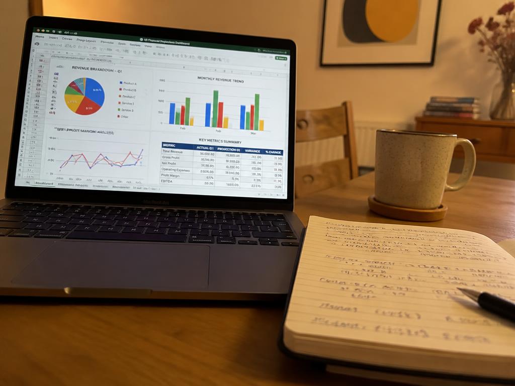 Laptop showing data charts and a spreadsheet next to handwritten calculations
