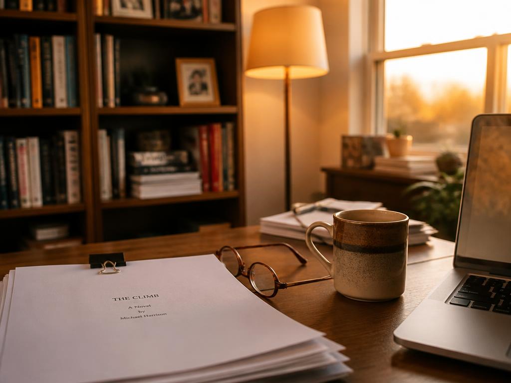 Home office desk at golden hour with printed manuscripts and reading glasses